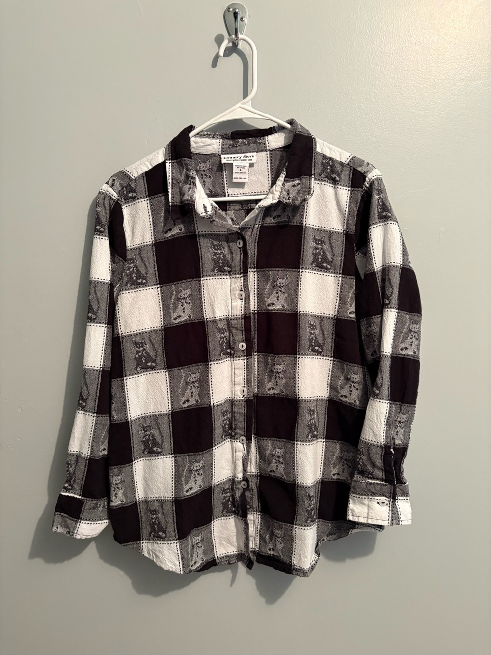 Vintage Cat Country Store Women's Black White Check Button-Up Long Sleeve Shirt